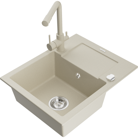 Mexen Enzo granitische spoelbak met 1 bak, afdruiprek en keukenkraan Duero, beige - 6506-69-671600-69