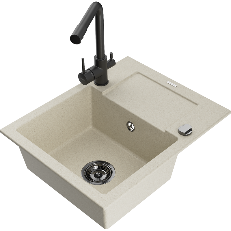 Mexen Enzo fregadero de granito de 1 cubeta con escurridor y grifo de cocina Duero, beige - 6506-69-671600-70