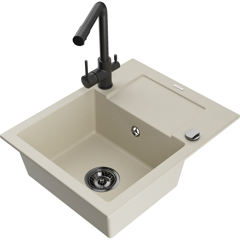 Mexen Enzo granite sink 1-bowl with drainer and Duero kitchen tap, beige - 6506-69-671600-70