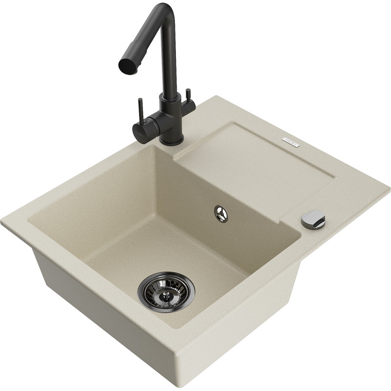 Mexen Enzo granitische spoelbak 1-komorige met afdruiprek en keukenkraan Duero, beige - 6506-69-671600-70