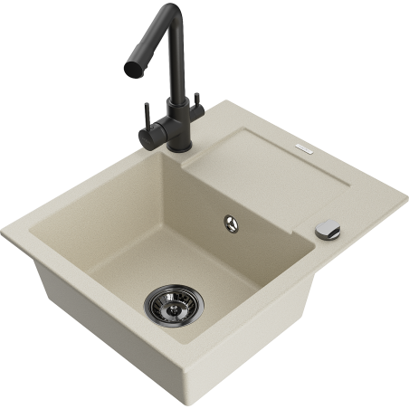 Mexen Enzo granitische spoelbak met 1 bak, afdruiprek en keukenkraan Duero, beige - 6506-69-671600-70