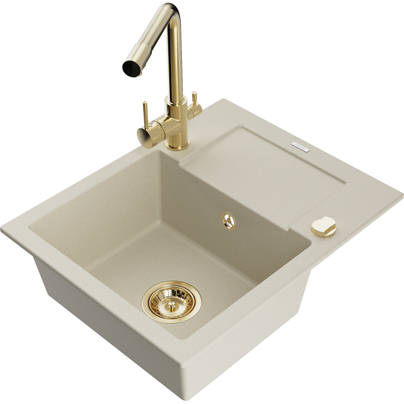 Mexen Enzo fregadero de granito con 1 compartimento y escurridor y grifo de cocina Duero, beige - 6506-69-671600-50