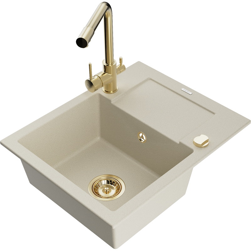 Mexen Enzo lavello in granito a 1 vasca con scolapiatti e rubinetto da cucina Duero, beige - 6506-69-671600-50