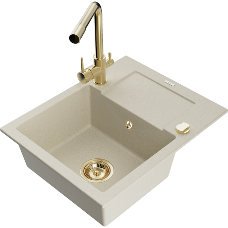 Mexen Enzo 1-bowl granite kitchen sink with drainer and Duero kitchen tap, beige - 6506-69-671600-50