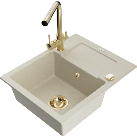 Mexen Enzo granieten gootsteen met 1 kom, afdruiprek en Duero keukenkraan, beige - 6506-69-671600-50