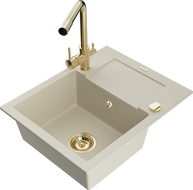 Mexen Enzo 1-bowl granite sink with drainer and Duero kitchen faucet, beige - 6506-69-671600-50