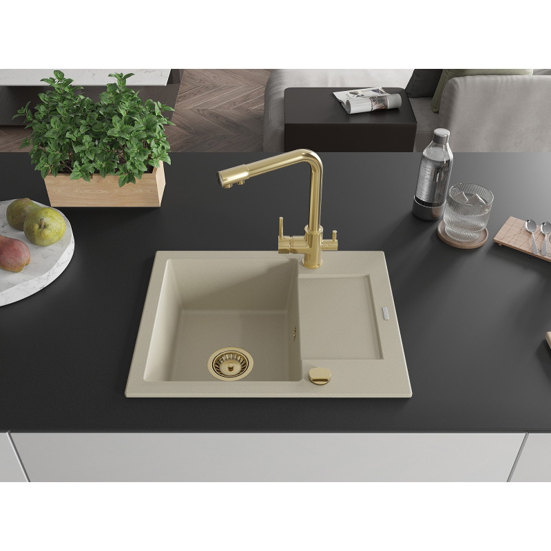 Mexen Enzo lavello in granito a 1 vasca con scolapiatti e rubinetto da cucina Duero, beige - 6506-69-671600-50