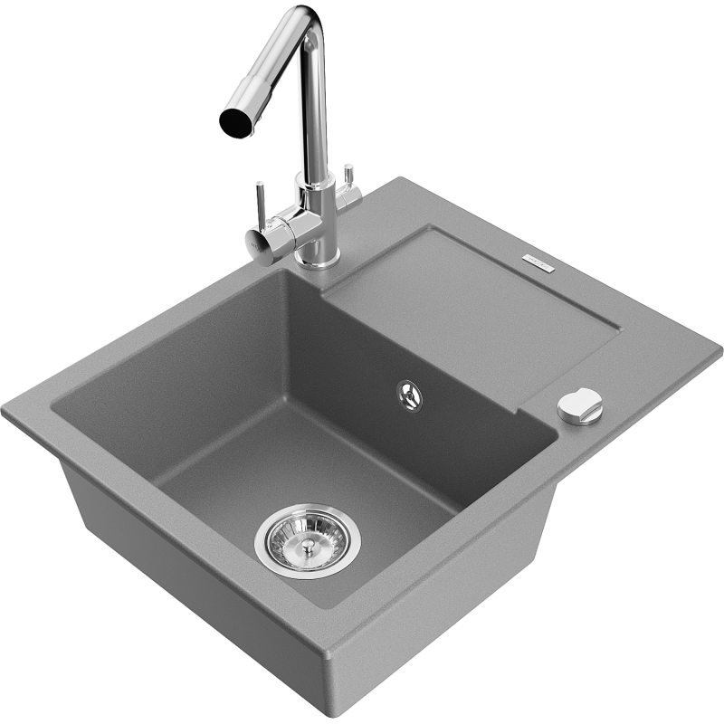 Mexen Enzo fregadero de granito de 1 cubeta con escurridor y grifo de cocina Duero, gris - 6506-71-671600-00
