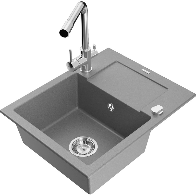 Mexen Enzo fregadero de granito de 1 seno con escurridor y grifo de cocina Duero, gris - 6506-71-671600-00