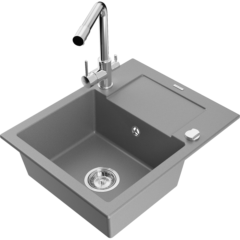 Mexen Enzo lava-louça de granito de 1 cuba com escorredor e torneira de cozinha Duero, cinza - 6506-71-671600-00