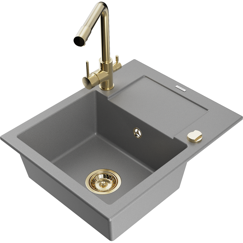 Mexen Enzo fregadero de granito de 1 cubeta con escurridor y grifo de cocina Duero, gris - 6506-71-671600-50