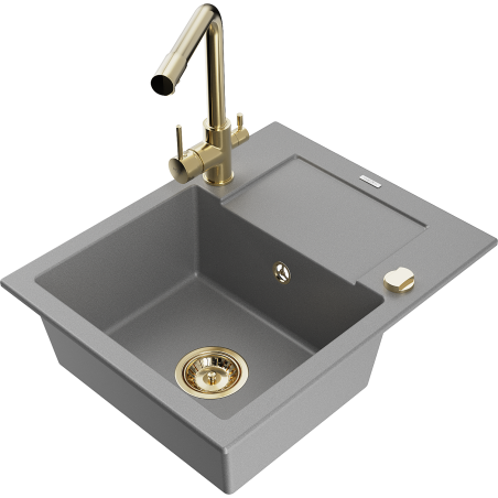 Mexen Enzo fregadero de granito de 1 seno con escurridor y grifo de cocina Duero, gris - 6506-71-671600-50