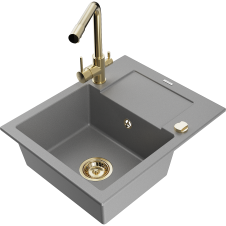 Mexen Enzo granieten spoelbak met 1 bak met afdruiprek en keukenmengkraan Duero, grijs - 6506-71-671600-50