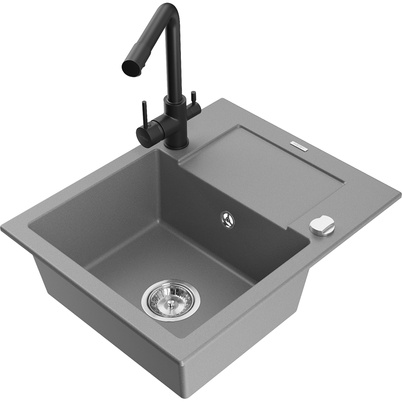 Mexen Enzo fregadero de granito de 1 compartimento con escurridor y grifo de cocina Duero, gris - 6506-71-671600-70