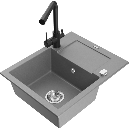 Mexen Enzo granite sink 1-bowl with drainer and Duero kitchen faucet, gray - 6506-71-671600-70