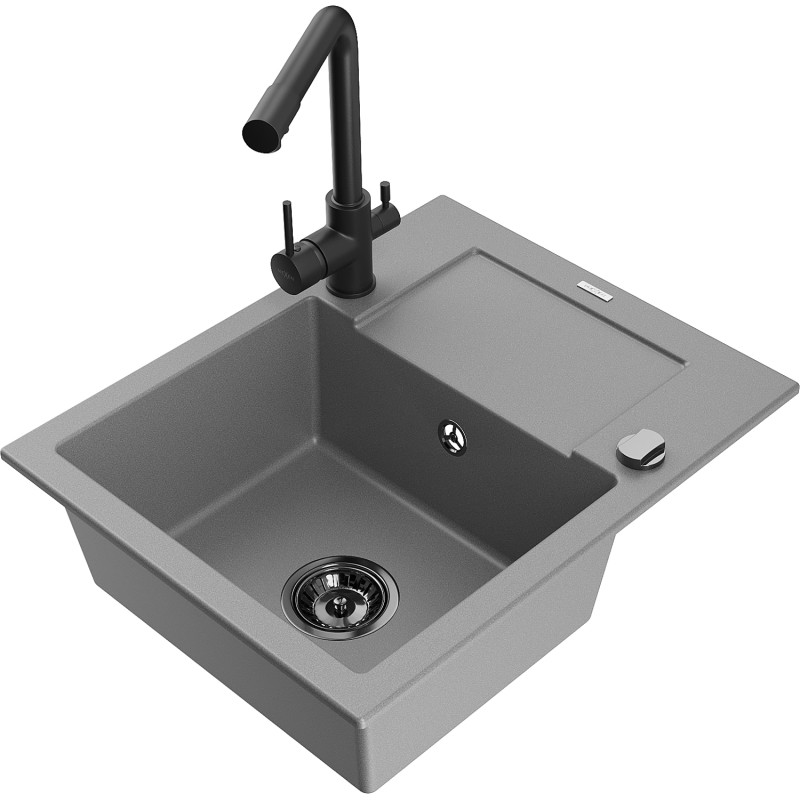 Mexen Enzo fregadero de granito de 1 cubeta con escurridor y grifo de cocina Duero, gris - 6506-71-671600-70-B