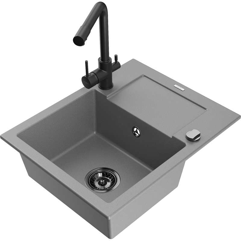 Mexen Enzo granite sink 1-bowl with drainer and Duero kitchen mixer tap, grey - 6506-71-671600-70-B