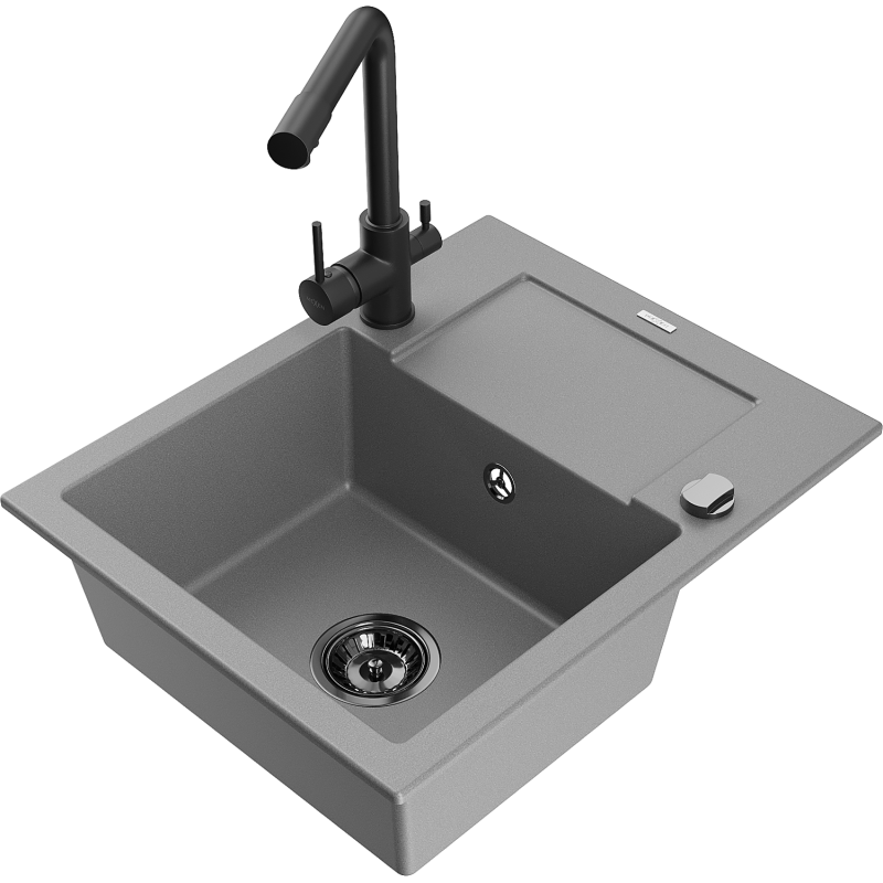 Mexen Enzo lava-louça de granito de uma bacia com escorredor e torneira de cozinha Duero, cinza - 6506-71-671600-70-B