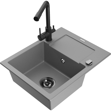 Mexen Enzo granite sink 1-bowl with drainer and Duero kitchen mixer tap, grey - 6506-71-671600-70-B