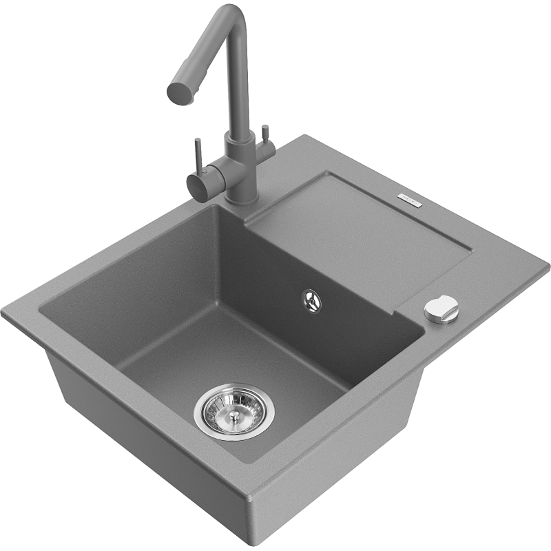 Mexen Enzo granite kitchen sink 1-bowl with drainer and Duero kitchen tap, grey - 6506-71-671600-71