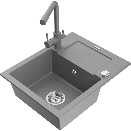 Mexen Enzo granite kitchen sink 1-bowl with drainer and Duero kitchen tap, grey - 6506-71-671600-71