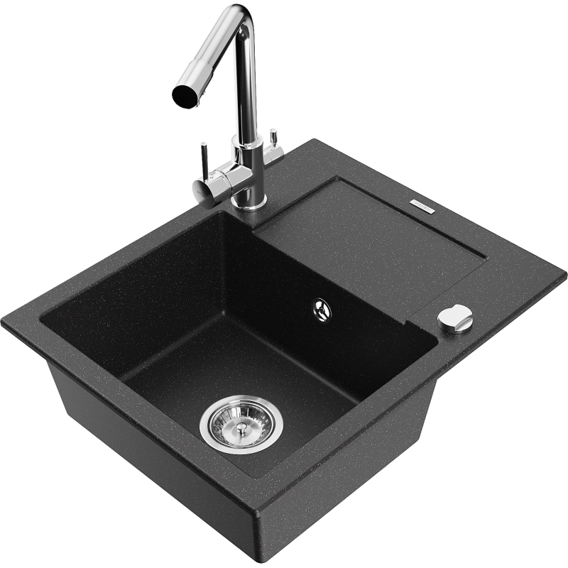 Mexen Enzo 1-bowl granite sink with drainer and Duero kitchen tap, black/silver metallic - 6506-73-671600-00