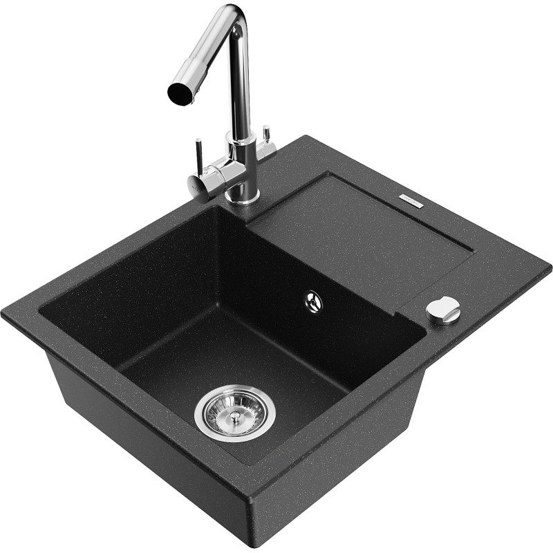 Mexen Enzo Granitspüle 1-Becken mit Abtropffläche und Küchenarmatur Duero, schwarz/silber metallic - 6506-73-671600-00
