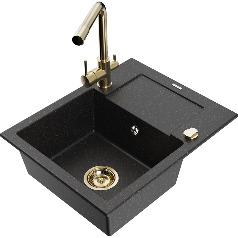 Mexen Enzo 1-bowl granite sink with drainer and Duero kitchen tap, black/silver metallic - 6506-73-671600-50