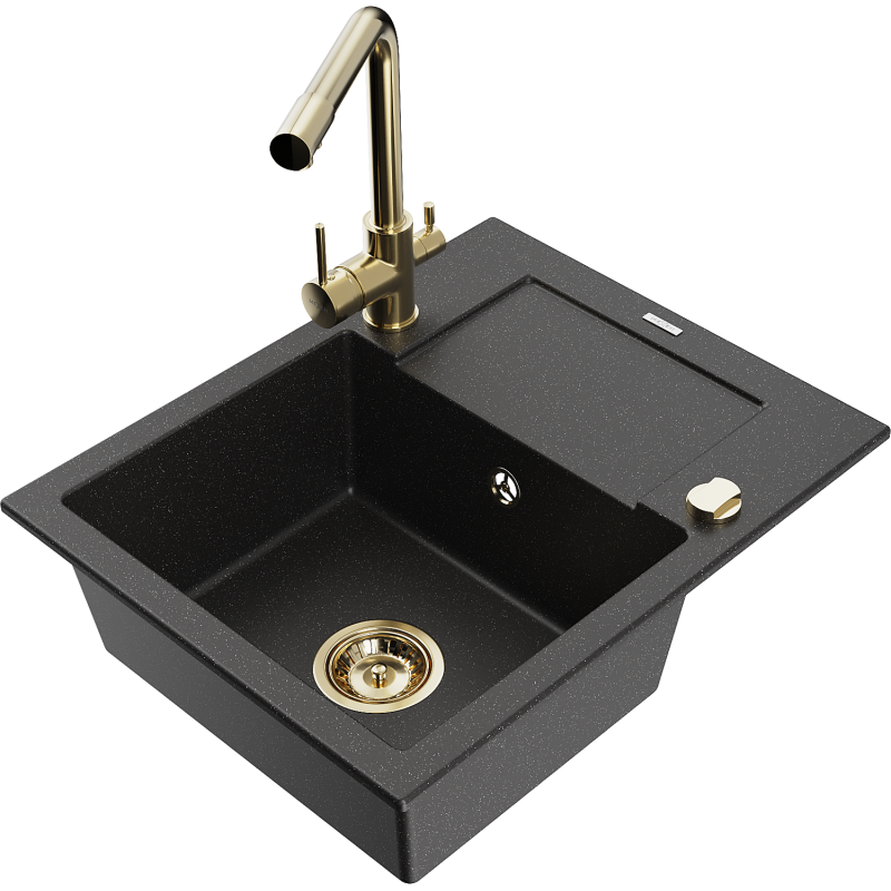 Mexen Enzo fregadero de granito de 1 cubeta con escurridor y grifo de cocina Duero, negro/plateado metálico - 6506-73-671600-50