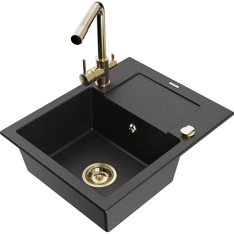 Mexen Enzo granitspüle 1-beckig mit Abtropffläche und Küchenarmatur Duero, schwarz/silber metallic - 6506-73-671600-50