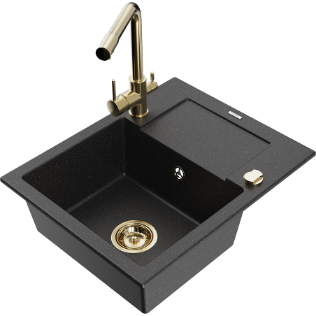 Mexen Enzo fregadero de granito de 1 cubeta con escurridor y grifo de cocina Duero, negro/plateado metálico - 6506-73-671600-50