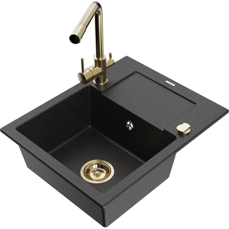 Mexen Enzo granitspüle 1-beckig mit Abtropffläche und Küchenarmatur Duero, schwarz/silber metallic - 6506-73-671600-50
