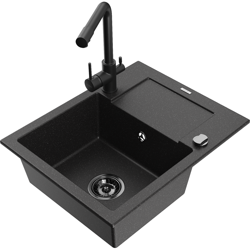 Mexen Enzo fregadero de granito de 1 seno con escurridor y grifo de cocina Duero, negro/metalizado plateado