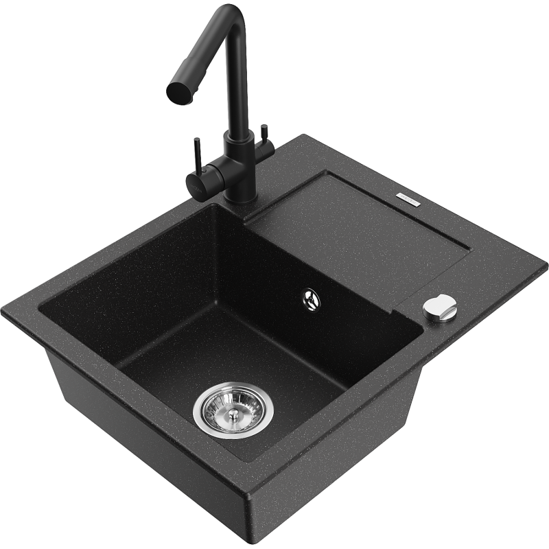 Mexen Enzo Graniittinen yksialtainen keittiöallas valutustasolla ja keittiöhanalla Duero, musta/hopeametalli