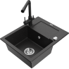 Mexen Enzo granite sink 1-bowl with drainer and kitchen faucet Duero, black/silver metallic - 6506-73-671600-70