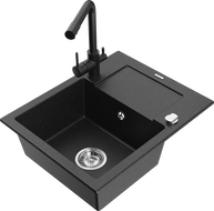 Mexen Enzo granite sink 1-bowl with drainer and kitchen faucet Duero, black/silver metallic - 6506-73-671600-70
