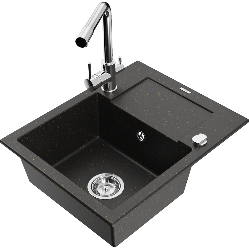 Mexen Enzo lavello in granito a 1 vasca con gocciolatoio e miscelatore da cucina Duero, nero/metallo dorato - 6506-75-671600-00