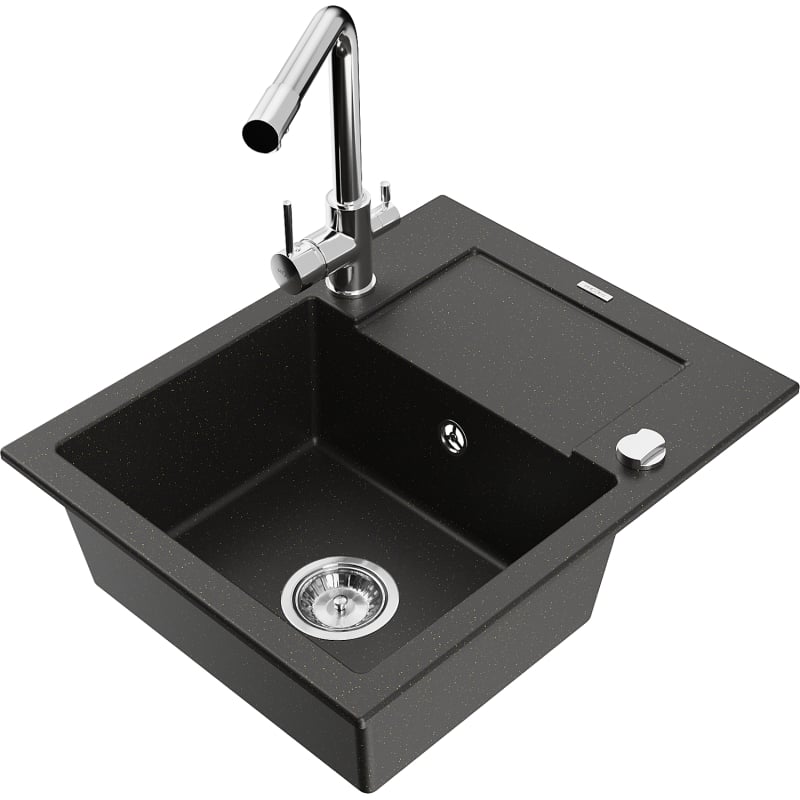 Mexen Enzo lavello in granito a 1 vasca con sgocciolatoio e rubinetto da cucina Duero, nero/oro metallizzato - 6506-75-671600-00