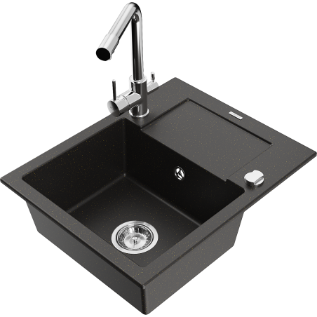 Mexen Enzo granite sink 1-bowl with drainer and Duero kitchen tap, black/gold metallic - 6506-75-671600-00