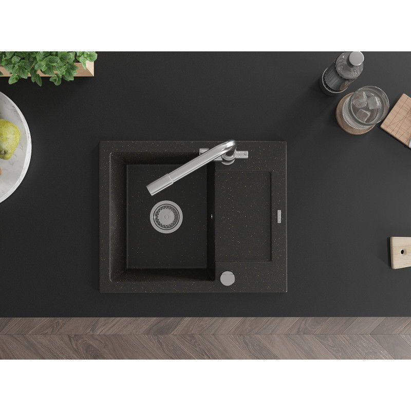 Mexen Enzo granite sink 1-bowl with drainer and Duero kitchen tap, black/gold metallic - 6506-75-671600-00