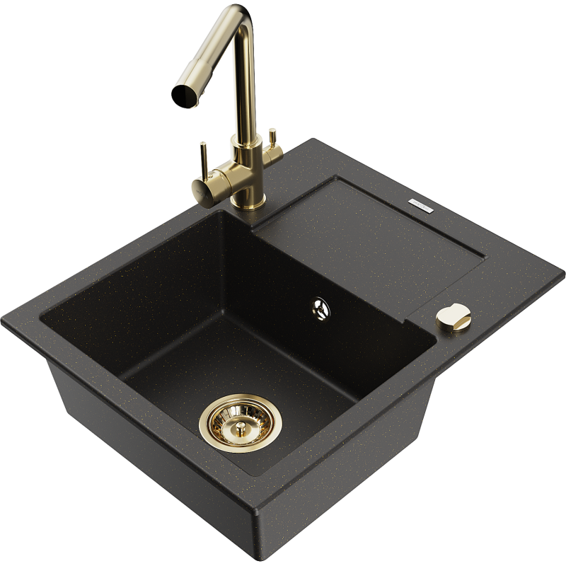 Mexen Enzo fregadero de granito de 1 seno con escurridor y grifo de cocina Duero, negro/dorado metálico - 6506-75-671600-50
