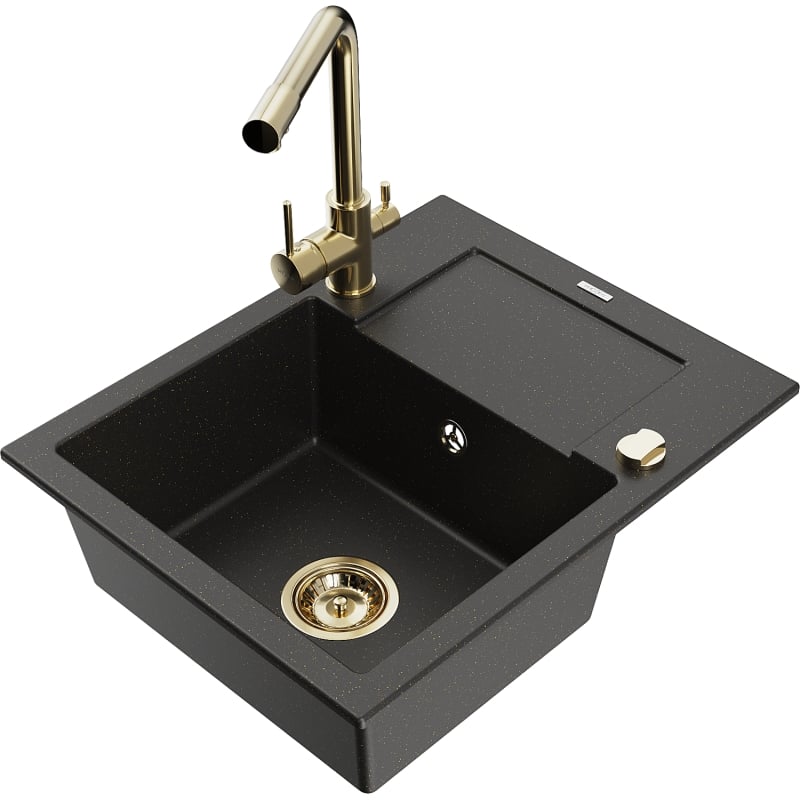 Mexen Enzo fregadero de granito de 1 seno con escurridor y grifo de cocina Duero, negro/metalizado dorado - 6506-75-671600-50