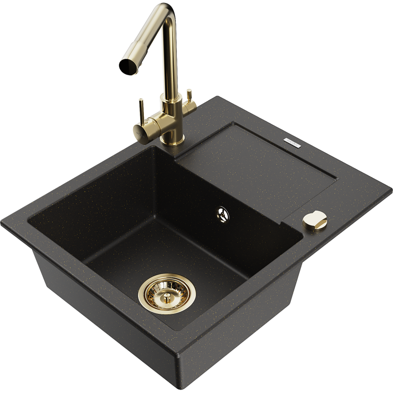 Mexen Enzo granite sink with 1-bowl, draining board, and Duero kitchen tap, black/gold metallic - 6506-75-671600-50