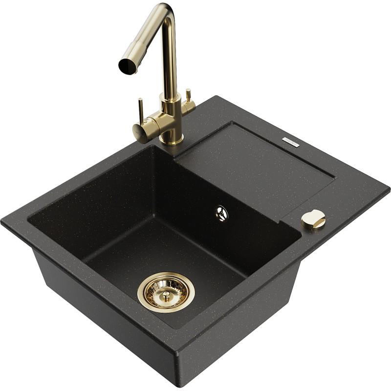 Mexen Enzo Granitspüle 1-kommer mit Abtropffläche und Küchenarmatur Duero, schwarz/gold metallic - 6506-75-671600-50