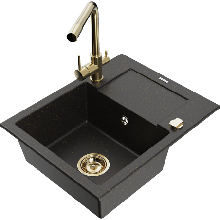 Mexen Enzo granieten gootsteen 1-komoers met afdruiprek en keukenkraan Duero, zwart/gouden metallic - 6506-75-671600-50