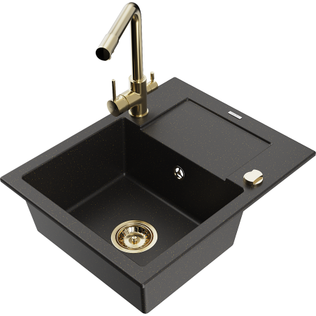 Mexen Enzo Granitspüle 1-kommer mit Abtropffläche und Küchenarmatur Duero, schwarz/gold metallic - 6506-75-671600-50