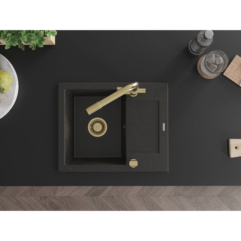 Mexen Enzo fregadero de granito de 1 seno con escurridor y grifo de cocina Duero, negro/dorado metálico - 6506-75-671600-50