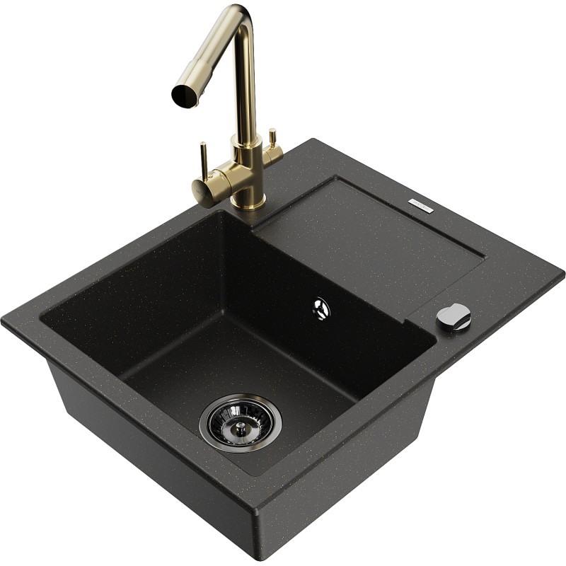 Mexen Enzo granit wastafel 1-kompartment met afdruiprek en keukenmengkraan Duero, zwart/goud metallic - 6506-75-671600-50-B