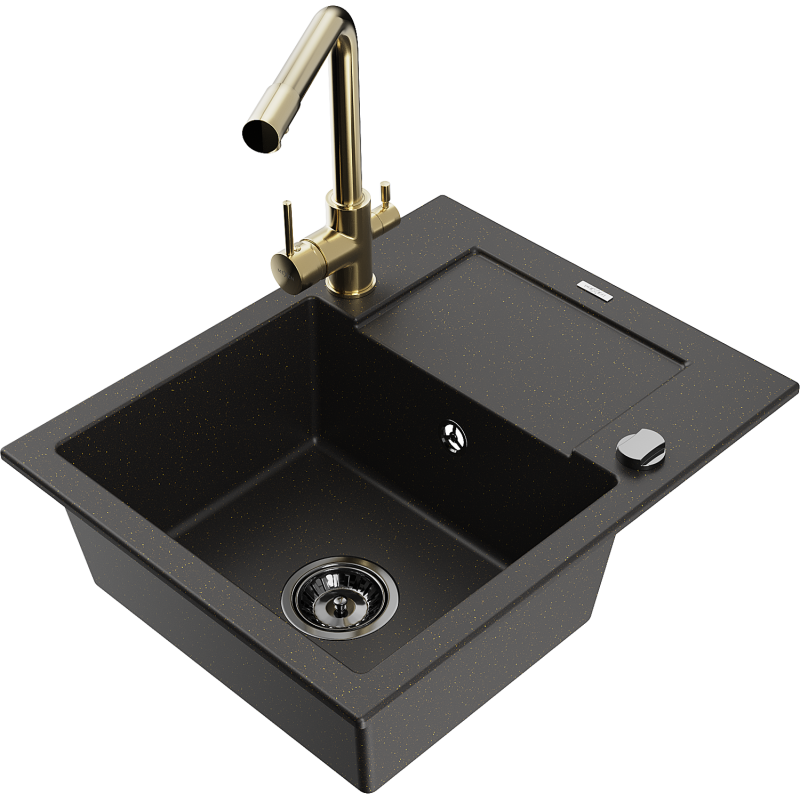 Mexen Enzo granite sink 1-bowl with drainer and Duero kitchen tap, black/gold metallic - 6506-75-671600-50-B