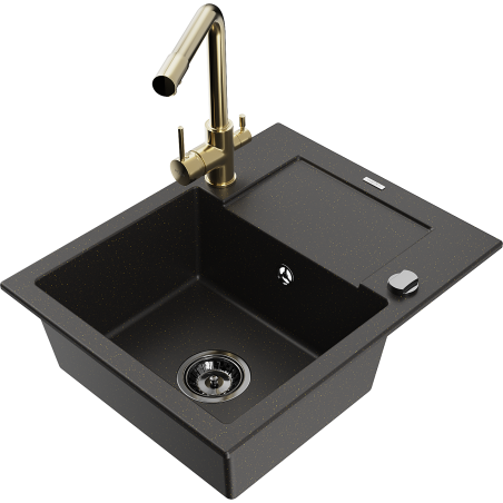 Mexen Enzo granieten gootsteen met 1 bak, afdruiprek en keukenkraan Duero, zwart/gouden metallic - 6506-75-671600-50-B